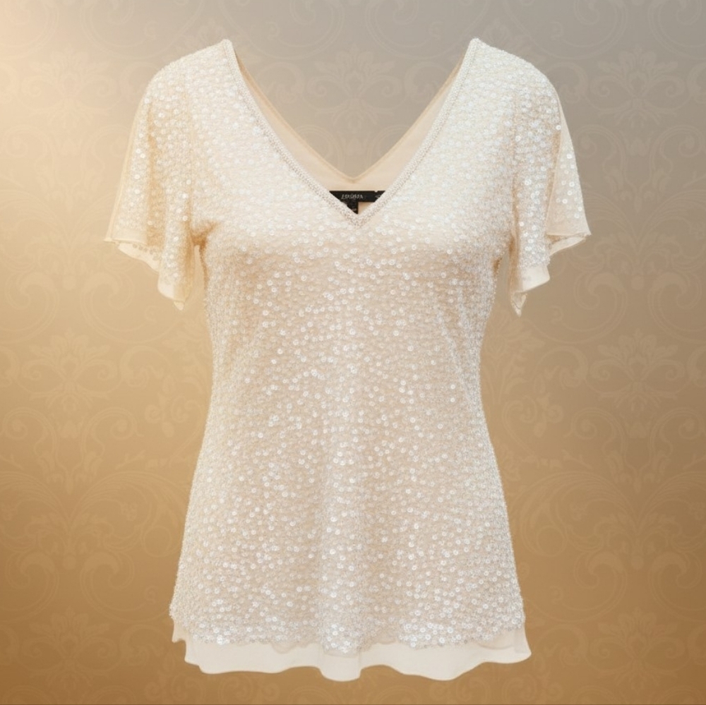 Adrianna Papell Cream Sequin V-Neck Blouse